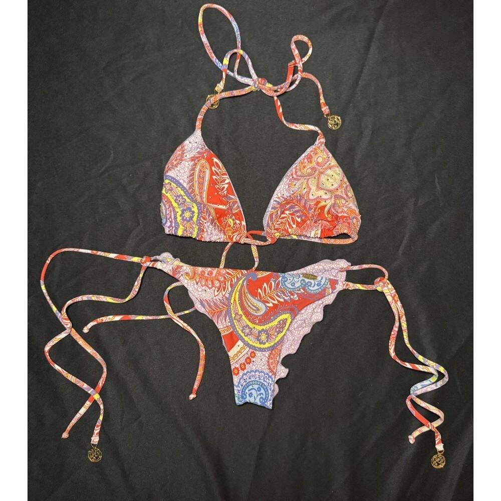 Luli Fama Paisley Triangle Bikini Scallop Tie Brazilian Ruched Sexy Beach Small